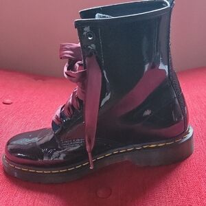 Doc Marten Womens High Gloss Black with Burgundy Laces Boots